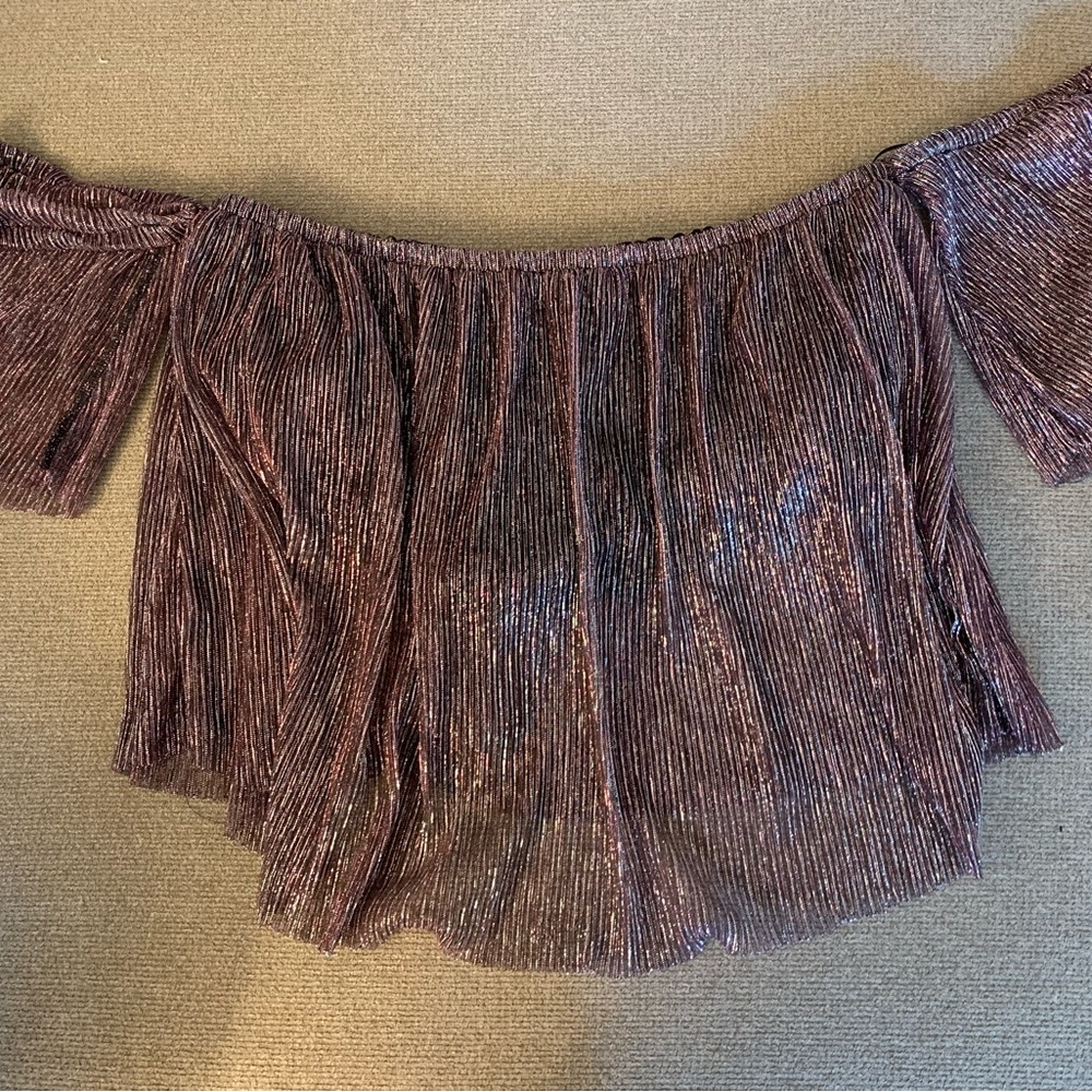 Pink metallic cropped top off the shoulder with arm holes